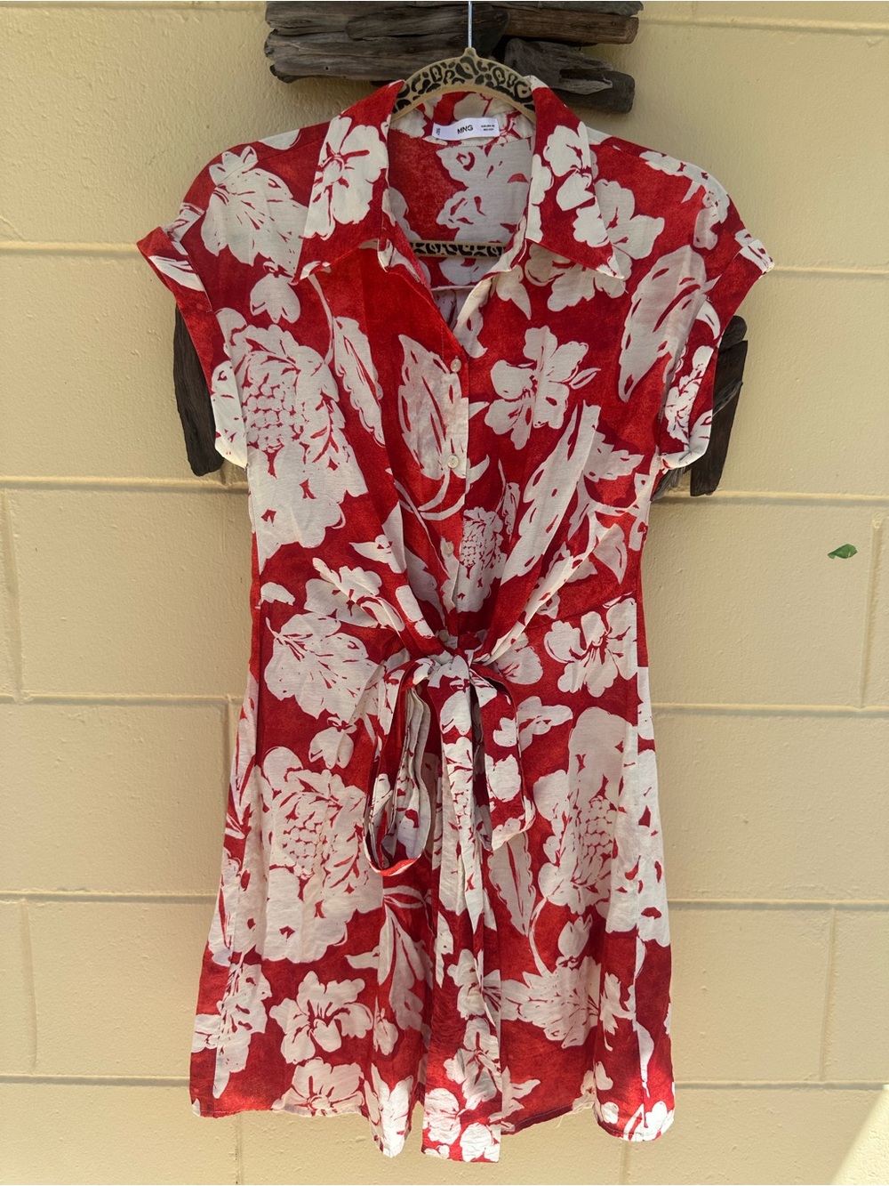Mango Red & White Floral Tie-Waist Shirt Dress